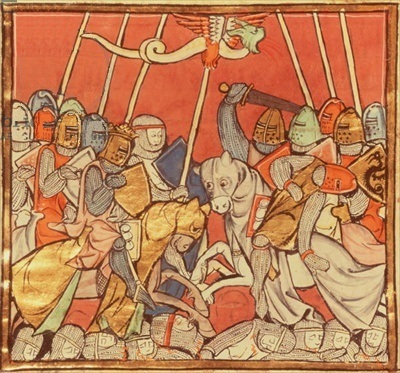 The Battle of Bedigran, from 'The Story of Merlin', round 1280-90 (vellum), French School, (13th century) / Bibliotheque Nationale, Paris, France / The Bridgeman Art Library